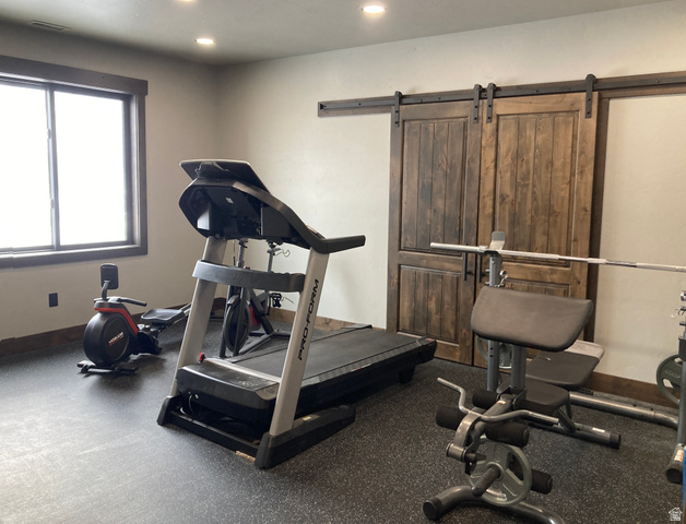 259 Meadow Drive Springville, UT 84663 - Photo 55 of 62 Exercise room with rubber floors, a barn door, and recessed lighting