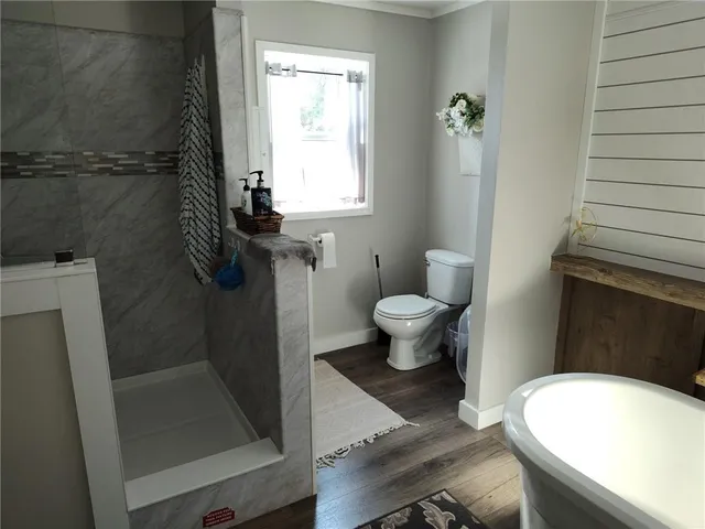 a bathroom with a toilet and a shower