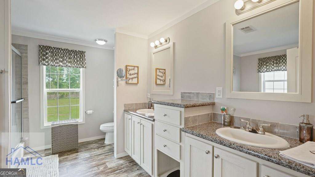 876 Hires Road Jesup, GA 31545 - Photo 17 of 30 a spacious bathroom with a double vanity sink a mirror and a toilet
