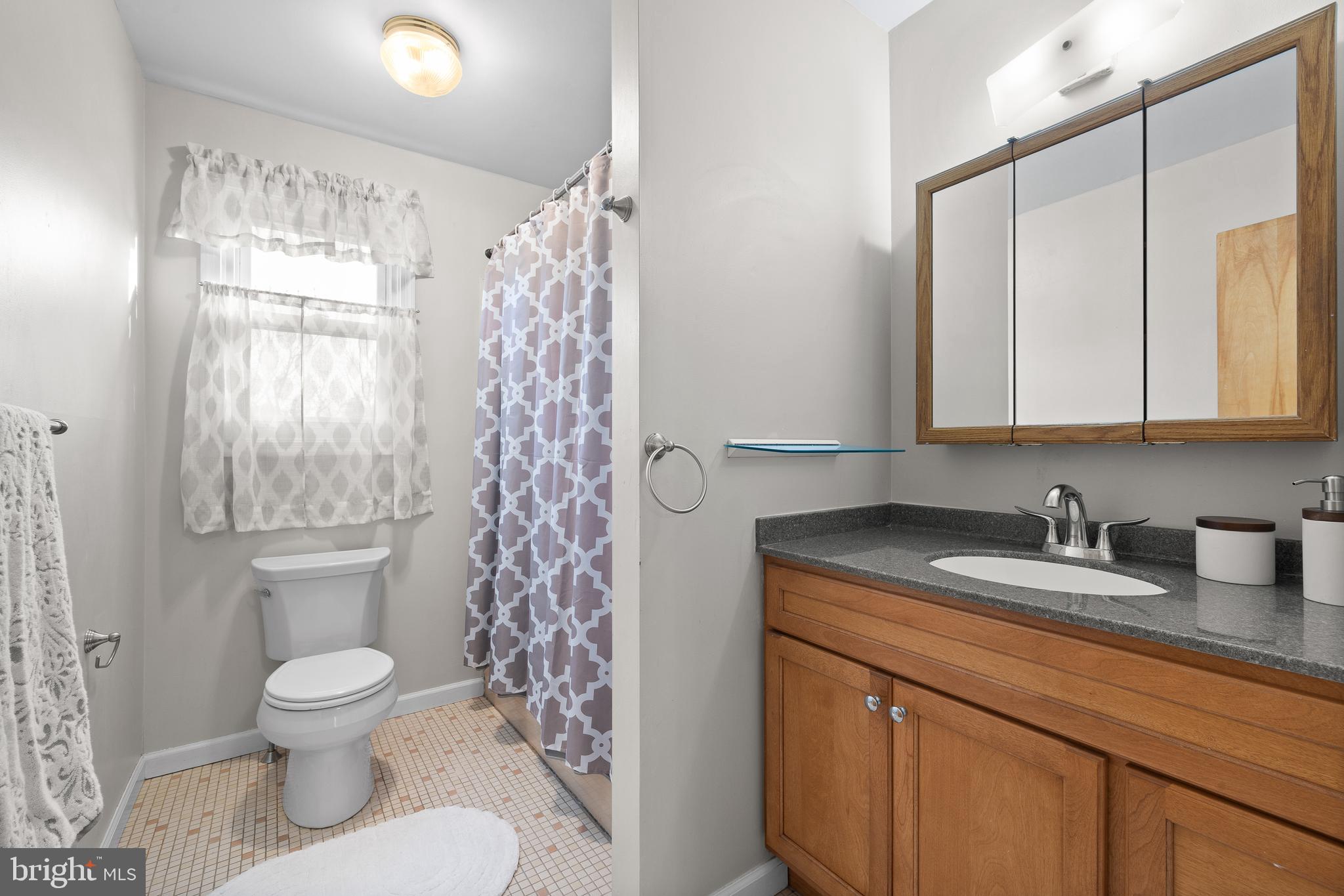 829 Alexander Drive Hatfield, PA 19440 - Photo 17 of 28 a bathroom with a granite countertop toilet a sink a mirror a window and a shower