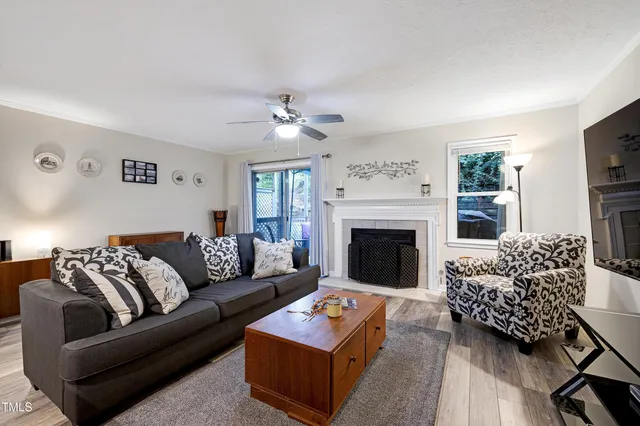 a living room with furniture and a fireplace