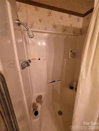 a bathroom with a sink mirror and a shower