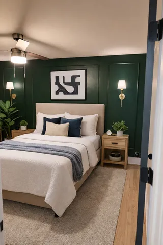 a bedroom with a bed and a potted plant