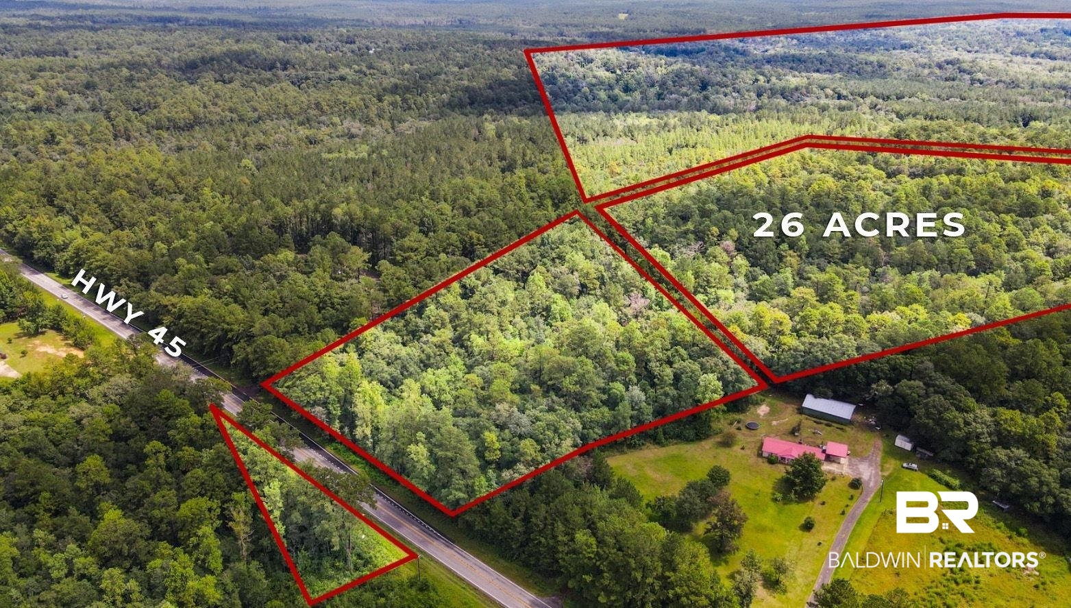 0 Mt.Pilgrim Road Eight Mile, AL 36613 - Photo 12 of 14 Aerial view of property and surrounding area featuring a heavily wooded area and property parcel outlined