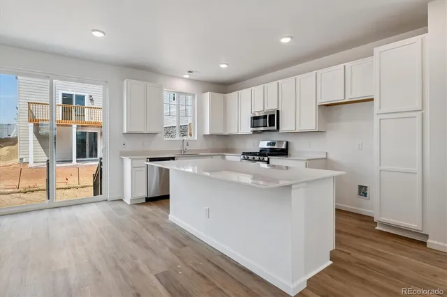 a kitchen with stainless steel appliances white cabinets a sink a stove a refrigerator and cabinets