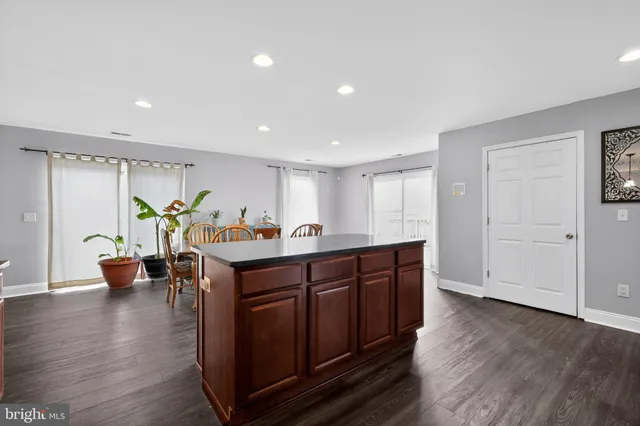 a living room with furniture a potted plant and kitchen view
