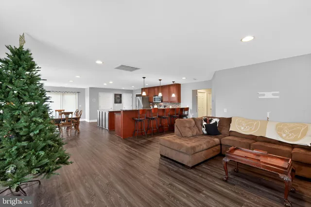 a living room with furniture kitchen view and a potted plant