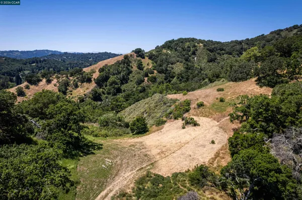 a view of a dry yard with mountains in the background