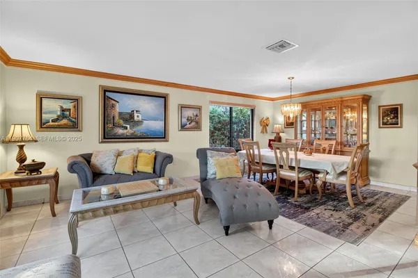 a view of a dining room with furniture window and outside view