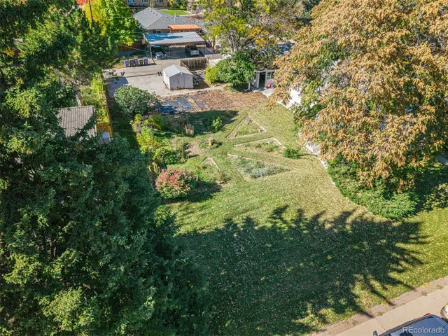 a backyard of a building with large trees
