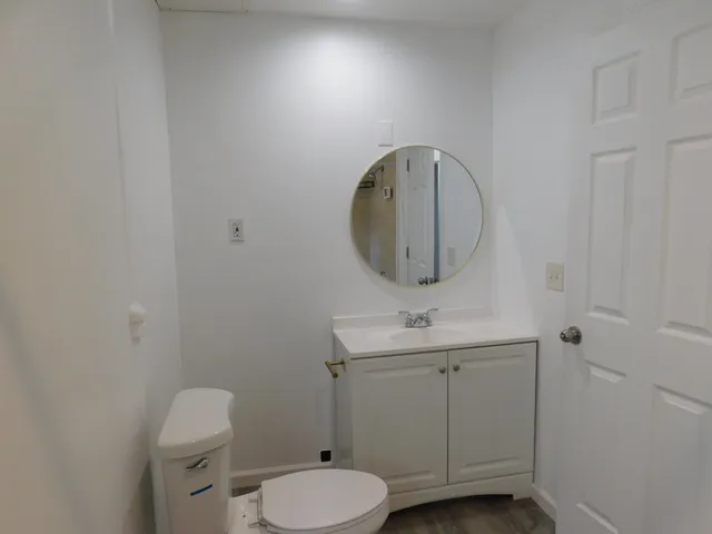 a bathroom with a toilet sink vanity and mirror