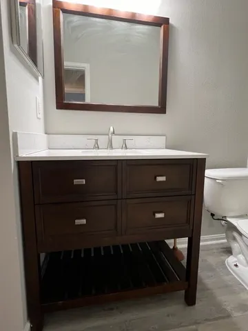 a bathroom with a sink a mirror and wooden cabinets