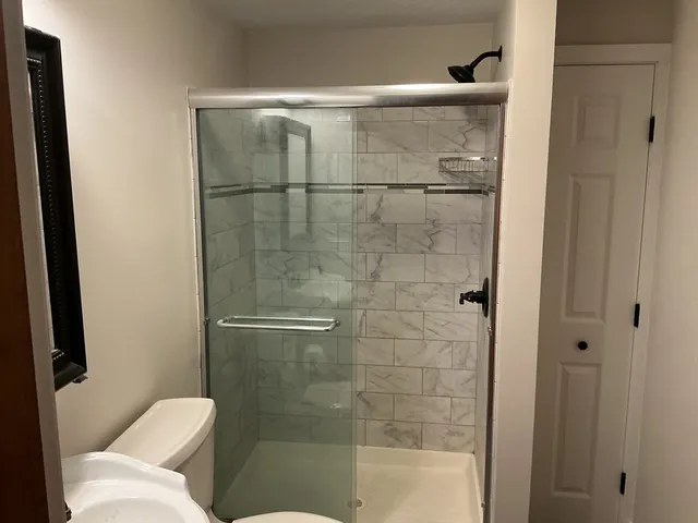 a bathroom with a shower and toilet