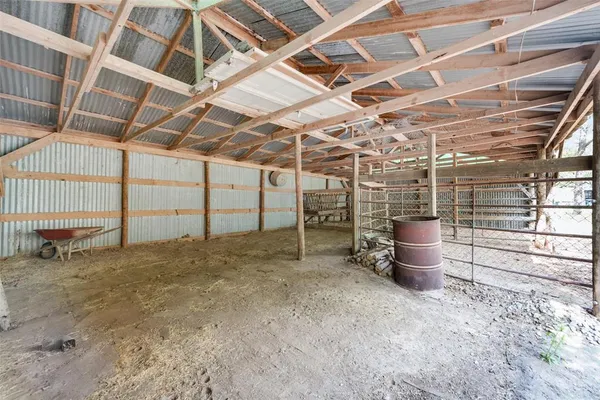 a view of a room with wooden racks