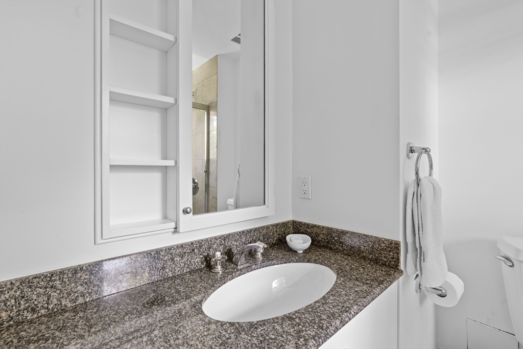 331 Heath Street Brookline, MA 02467 - Photo 21 of 31 a bathroom with a granite countertop sink and a mirror