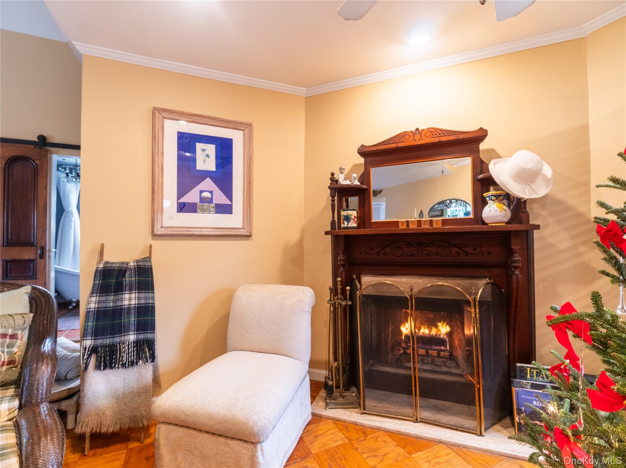8 Ridgeland Terrace Rye, NY 10580 - Photo 6 of 22 Sitting room with a barn door, a warm lit fireplace, and ornamental molding