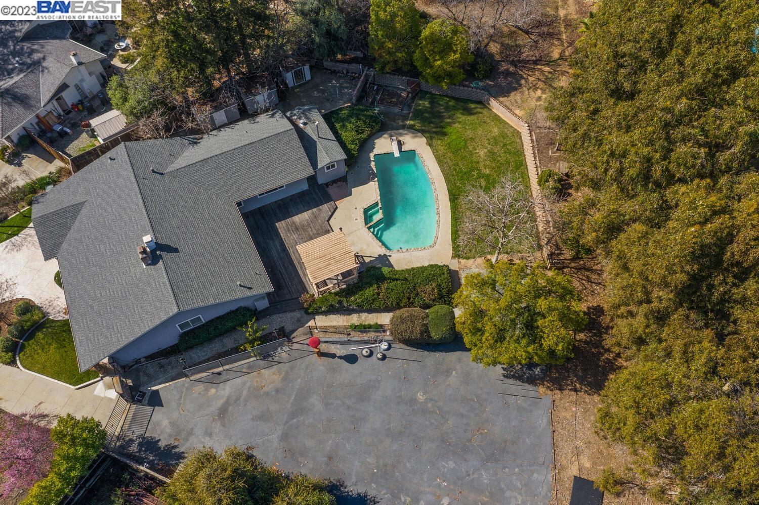 an aerial view of a garden with swimming pool