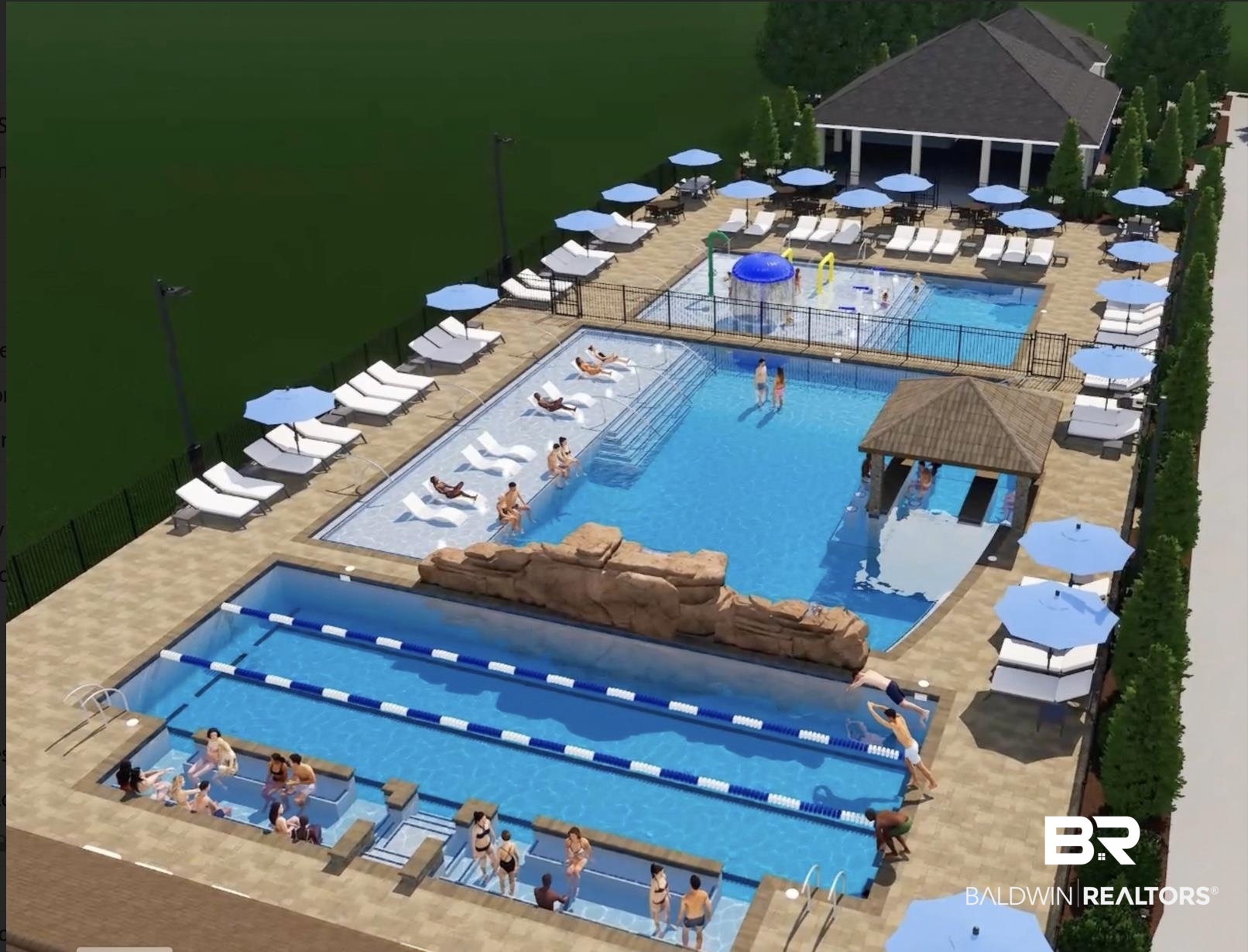 8137 Pine Run Daphne, AL 36527 - Photo 66 of 67 Extensive aquatic facility featuring multiple swimming pools with varying depths, a multi-lane lap pool, and a shaded water slide