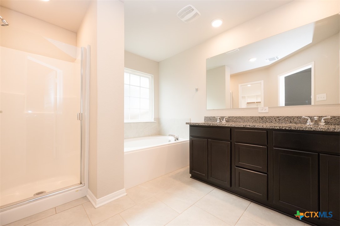 113 Lazy Lizzy Road Jarrell, TX 76537 - Photo 18 of 29 a bathroom with a granite countertop bathtub sink vanity and mirror