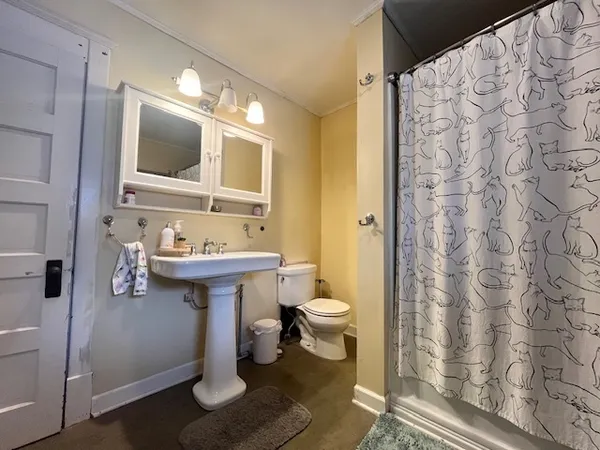 a bathroom with a sink toilet and shower