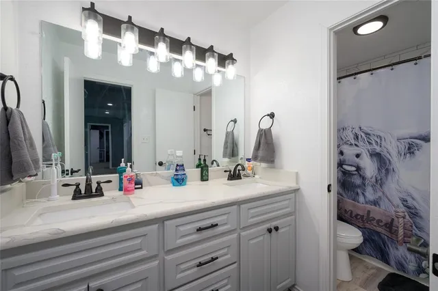 a bathroom with a double vanity sink mirror and shower