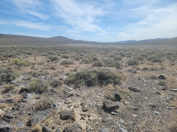 a view of a dry field with mountains in the background