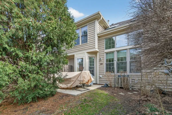 a view of a chairs and table in the backyard