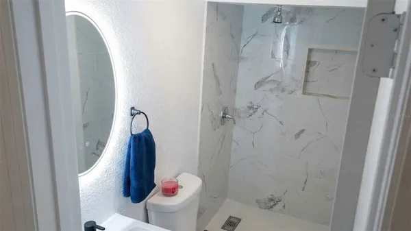 a bathroom with a shower and toilet