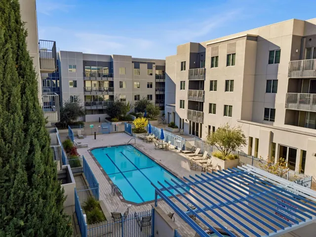 a view of a building from a patio