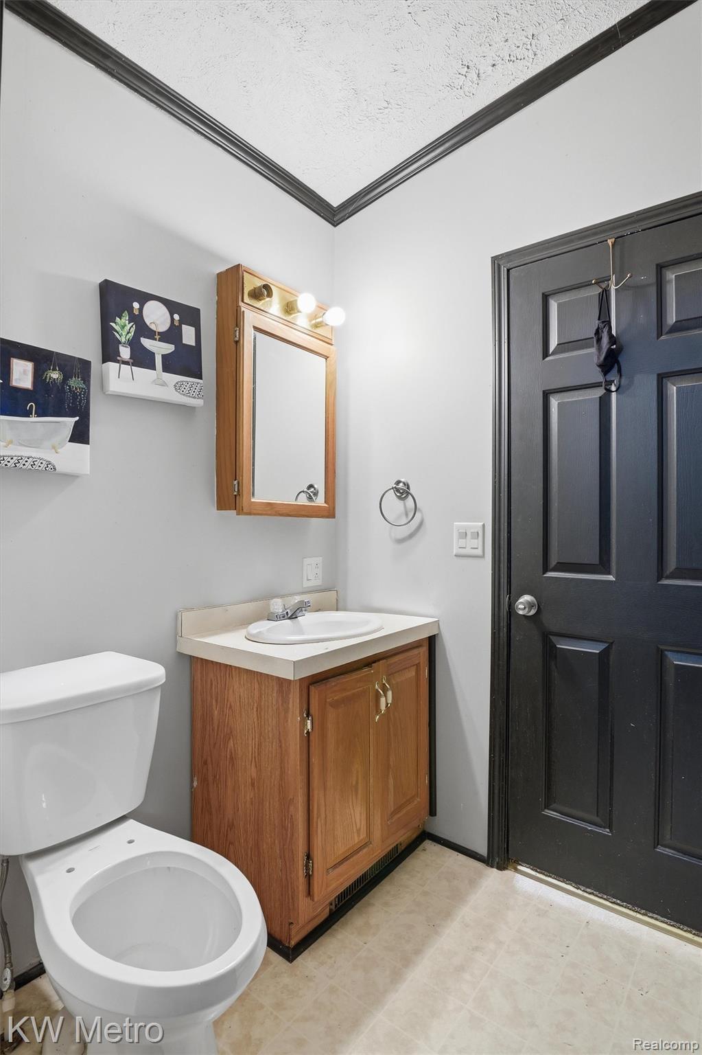 22733 Sumpter Road Belleville, MI 48111 - Photo 17 of 52 Bathroom featuring a wood-finish vanity with an integrated sink and laminate countertop