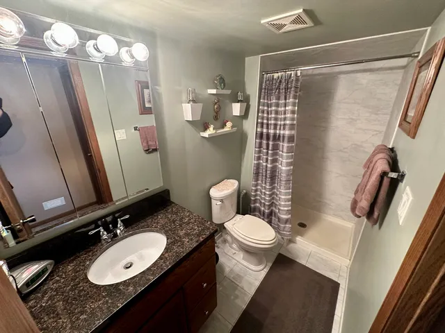 a bathroom with a sink a toilet a mirror and shower