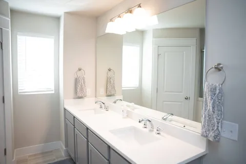 a bathroom with a sink and a mirror