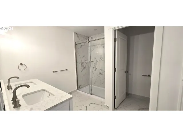 a bathroom with a sink and a shower