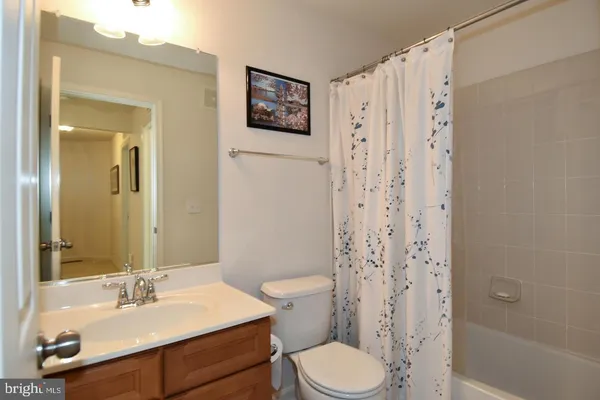 a bathroom with a sink a toilet and shower curtain