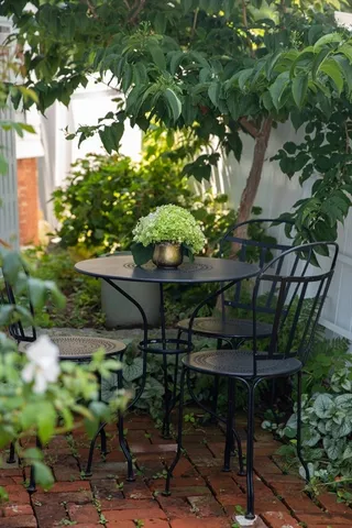 a backyard with plants and outdoor seating