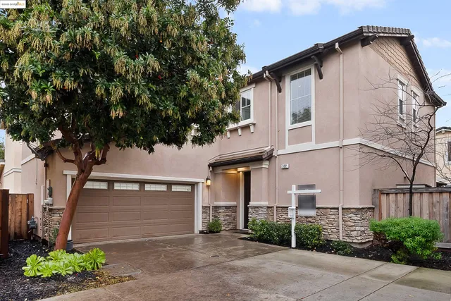 a view of a white house with a large tree