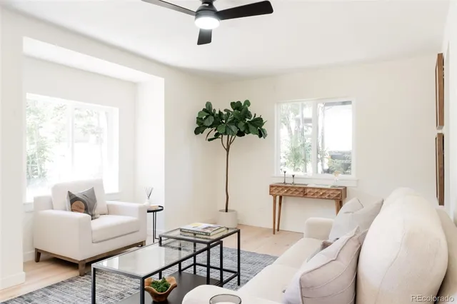 a living room with furniture a window and a potted plant