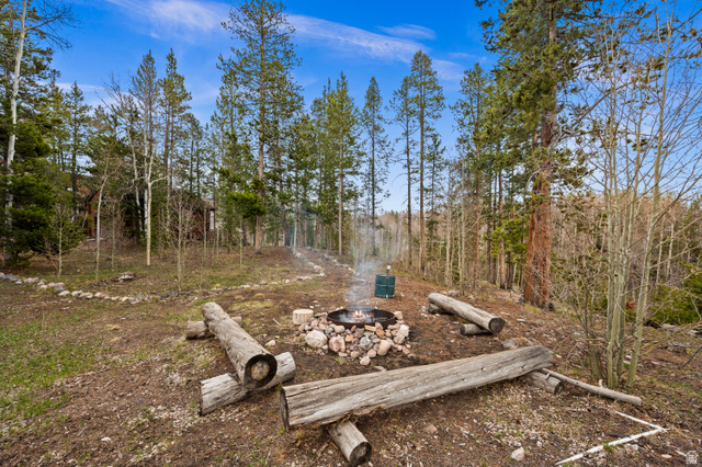 4725 Pine Ridge Road Evanston, UT 82930 - Photo 64 of 82 Outdoor fire pit area with natural log seating, surrounded by mature trees, and a stone-lined perimeter