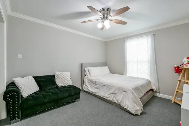 a bedroom with a bed rug and window