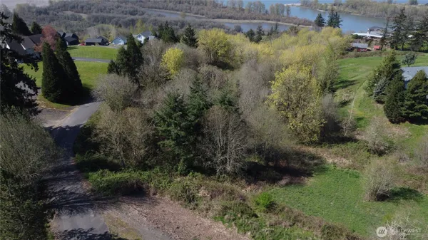 a view of a town with trees in the background
