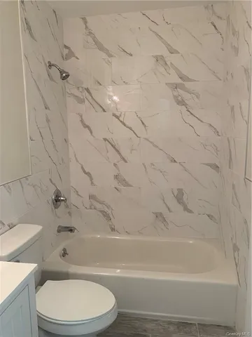 a bathroom with a toilet and a bath tub