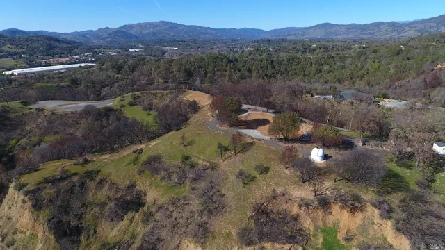 a view of a forest with mountains in the background
