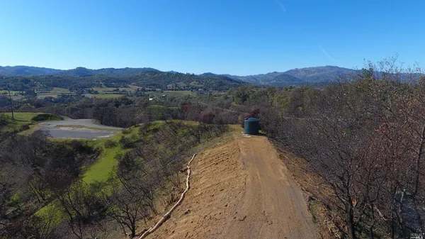 a view of a lush green field with mountains in the background