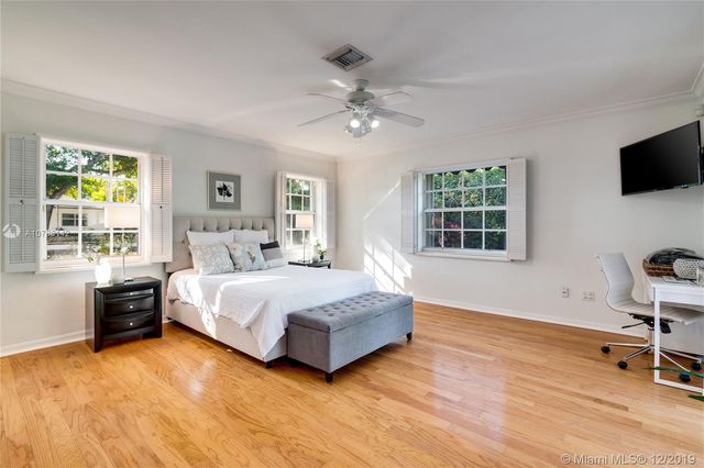 a spacious bedroom with a bed and a flat screen tv