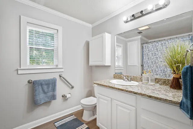 a bathroom with a granite countertop sink a toilet a mirror a vanity and shower