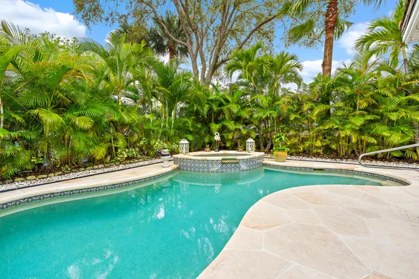 a view of a swimming pool with an outdoor space