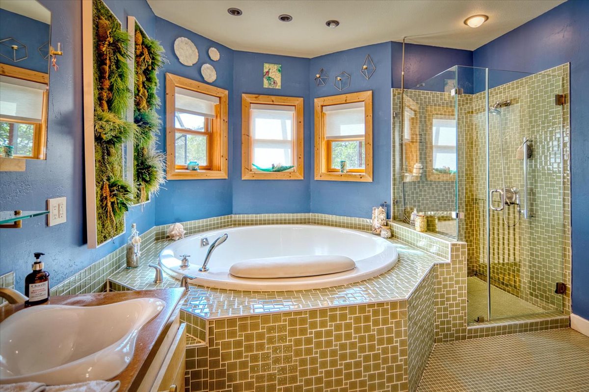 301 Blessing Ranch Road Liberty Hill, TX 78642 - Photo 13 of 40 a bathroom with a tub a sink and a large mirror