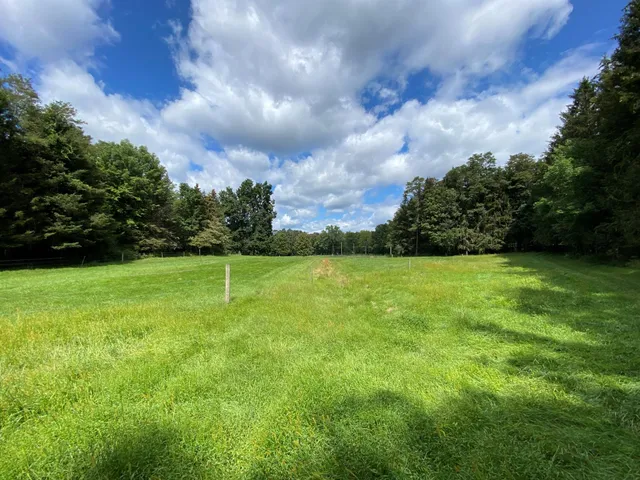 a view of a green field with wooden fence