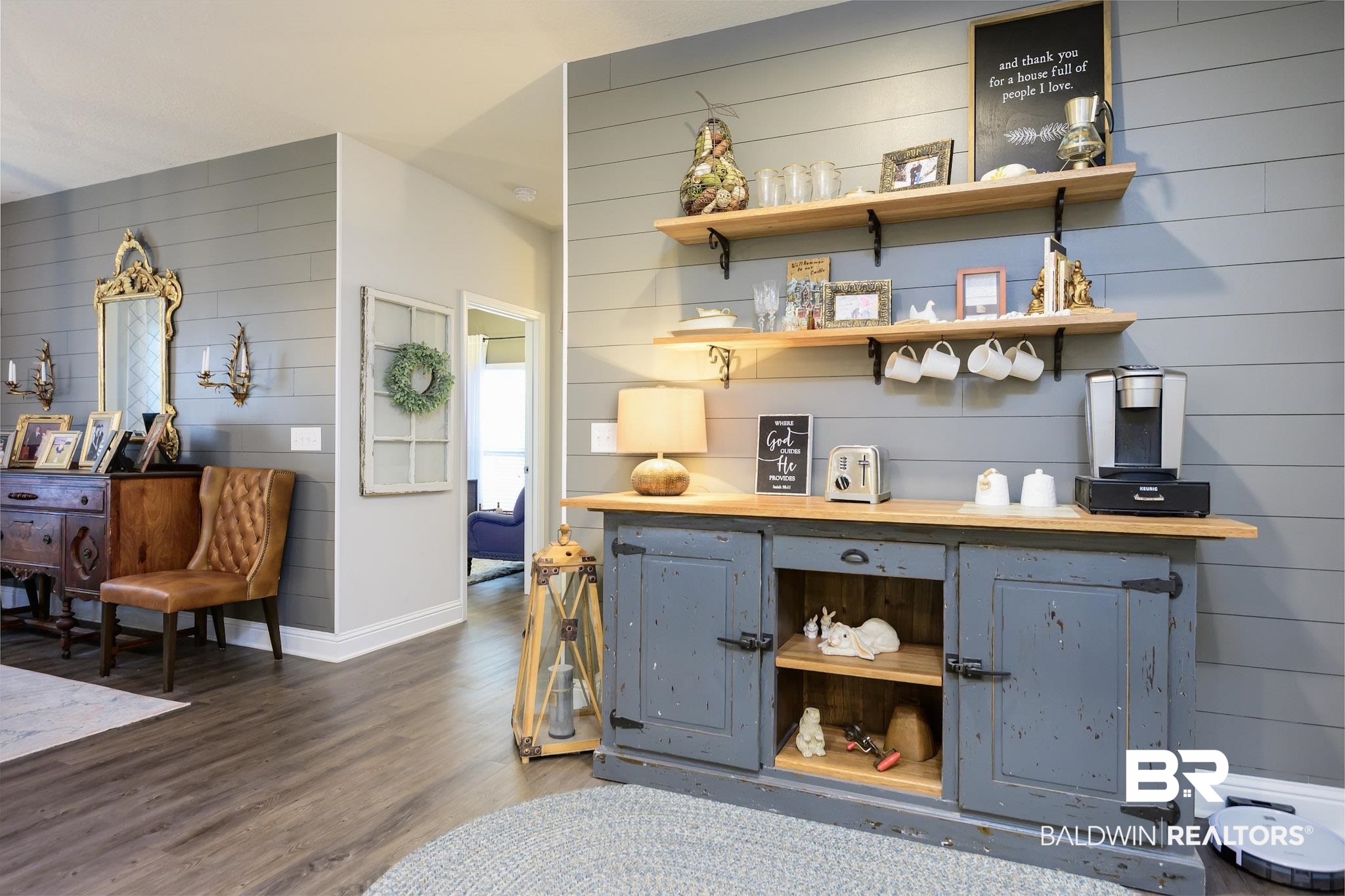 31751 Kestrel Loop Daphne, AL 36527 - Photo 11 of 21 Bar area with butcher block counters, open shelves, dark wood-type flooring, and gray cabinets