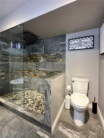 a bathroom with a toilet and a shower